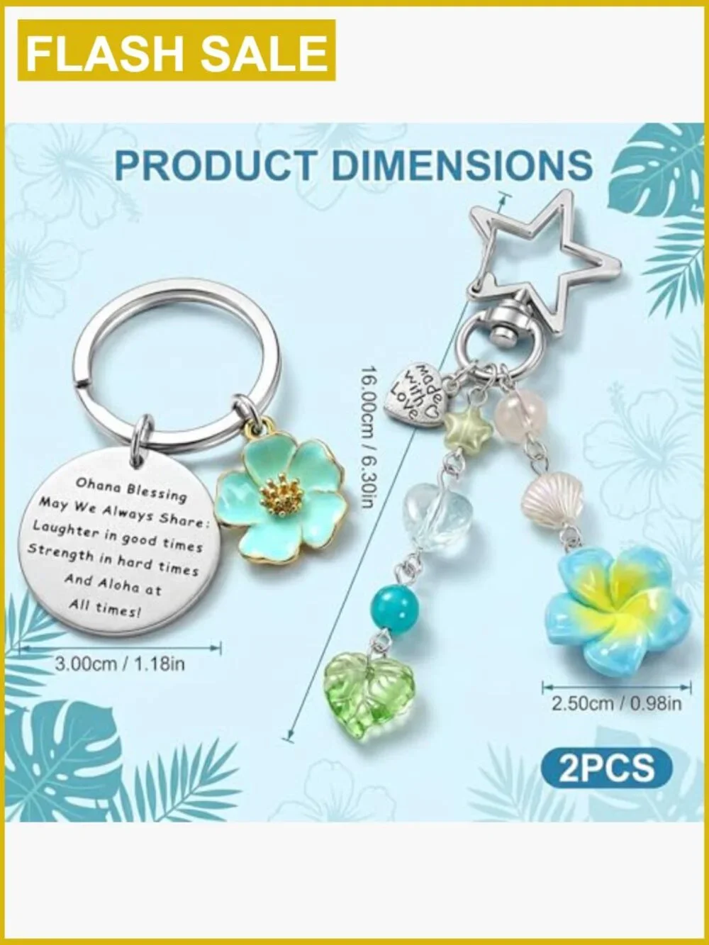2PCS Hawaii Keychain Set - Hibiscus & Star Clasp - Tropical Keyring